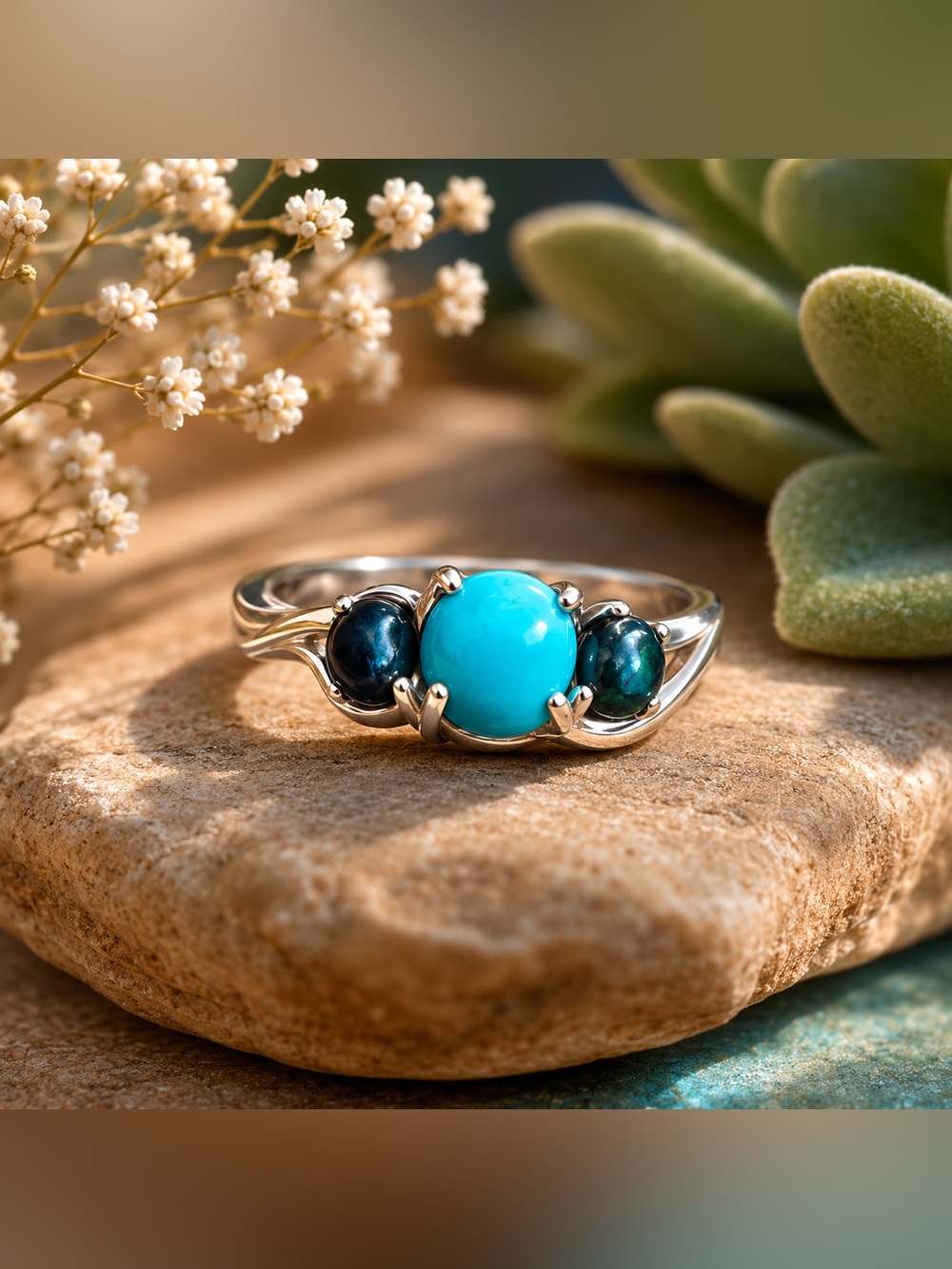 Lab Created Turquoise and Two Dark Green Stones on the Sides Silver Ring Size 9
